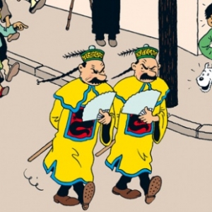 Les limiers du Parquet: Dupond et Dupont, reconnus par Tintin, Milou et Tchang.