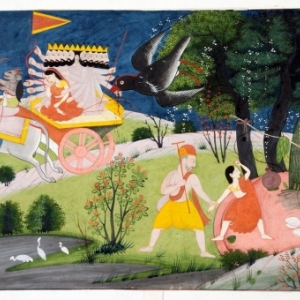 Ontvoering van Sita uit Panchavati door Ravana. De vogel Jatayu probeert haar te redden.Chamba-stijl, Pahari, einde 18de eeuw 