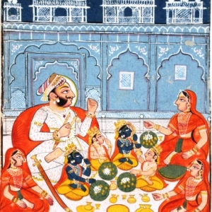 Rama en zijn broers aan de feestdis in het gezelschap van Raja Dasharatha en zijn drie koninginnen in het paleis van Ayodhya, Kotah-stijl, Rajasthan, einde 18de eeuw