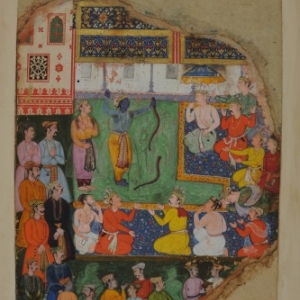 Rama breekt de boog van heer Shiva aan het hof van Raja Janaka te Mithila, Provinciale Mogol-stijl, Orchha, Bundelkhand, begin 17de eeuw