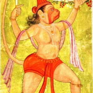 Hanuman draagt de Dron-berg met Sanjivini-kruiden, Raghogarh-stijl, Centraal-India, einde 18de eeuw