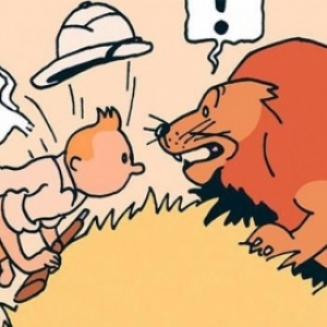 "Tintin au Congo" : Couverture de la version colorisee/4e case de la p. 31 version originale N/B (c) Herge-Moulinsart 2019 