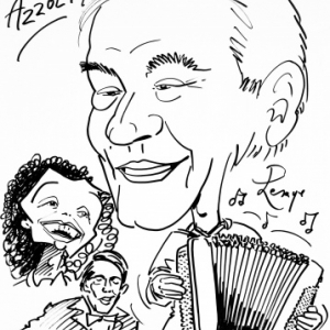 Marcel Azzola, avec Jacques Brel et Edith Piaf, caricature de JM Lesage