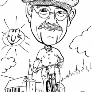 caricature du VELO de 1890 avec Dirk Van Luchem,le president  de l'IVCA, "International Veteran Cycle Association" 