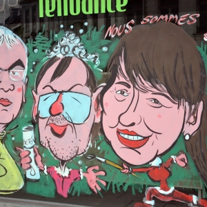 caricatures de Pierre Yves Jeholet, Yves Vanlaethem et de Carole Stabel . Malmedy