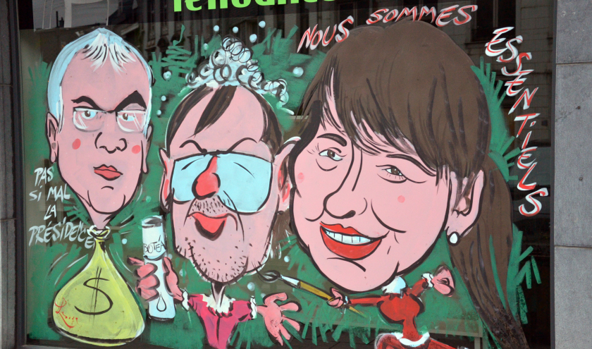 caricatures de Pierre Yves Jeholet, Yves Vanlaethem et de Carole Stabel . Malmedy