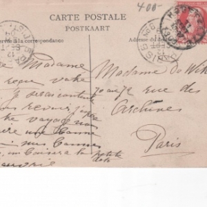 1909. Destinataire: Paris. Cachet de la poste: Houffalize.