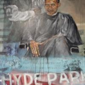 Dans le "vrai" salon d'Obama a Chicago, Illinois, une peinture qui semble renvoyer au plafond de Maxime (RFI / Stefanie Schuler)