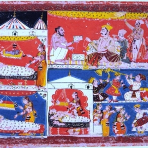 Feest in Ayodhya: de geboorte van Rama en zijn drie broers, Malwa-stijl, Centraal-India, ca. 1650-1660