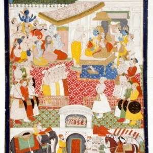De kroning van Rama door de wijze Vashishtha, Jodhpur-stijl, Rajasthan, begin 19de eeuw