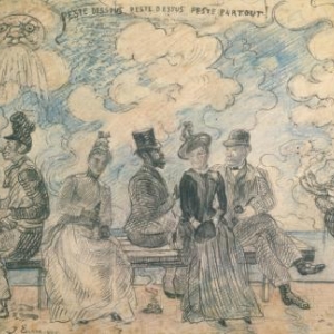 James Ensor Pest onder, pest boven, pest overal, 1888, zwart en rood krijt op papier © 