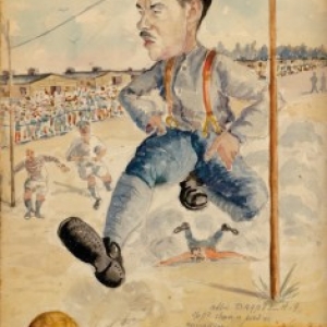 Caricature de l Abbe Drapier, jouant au Football
