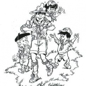 Autoportrait du dessinateur "boy scout" (c) Walthery/"Oufti"/"Syndicat d Initiative de Jambes"