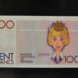 Billet factice de cent francs beges, presente par "Oufti" (c) Walthery/"Syndicat d Initiative de Jambes"