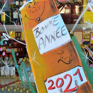 détail d'une peinture sur vitrine pour NOEL 2020 par Jean-Marie Lesage