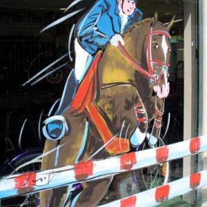 Jumping, international, peinture sur vitrine, Paris, Jean-Marie Lesage