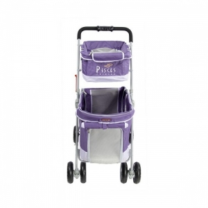 PHOTO 39 : Poussette Duo violette pliable pour chiens de moins de 17kgs, equipee de 2 compartiments.  H. 100 x L.65 x l.51 cm. poche de rangement, freins ,housse de pluie en option